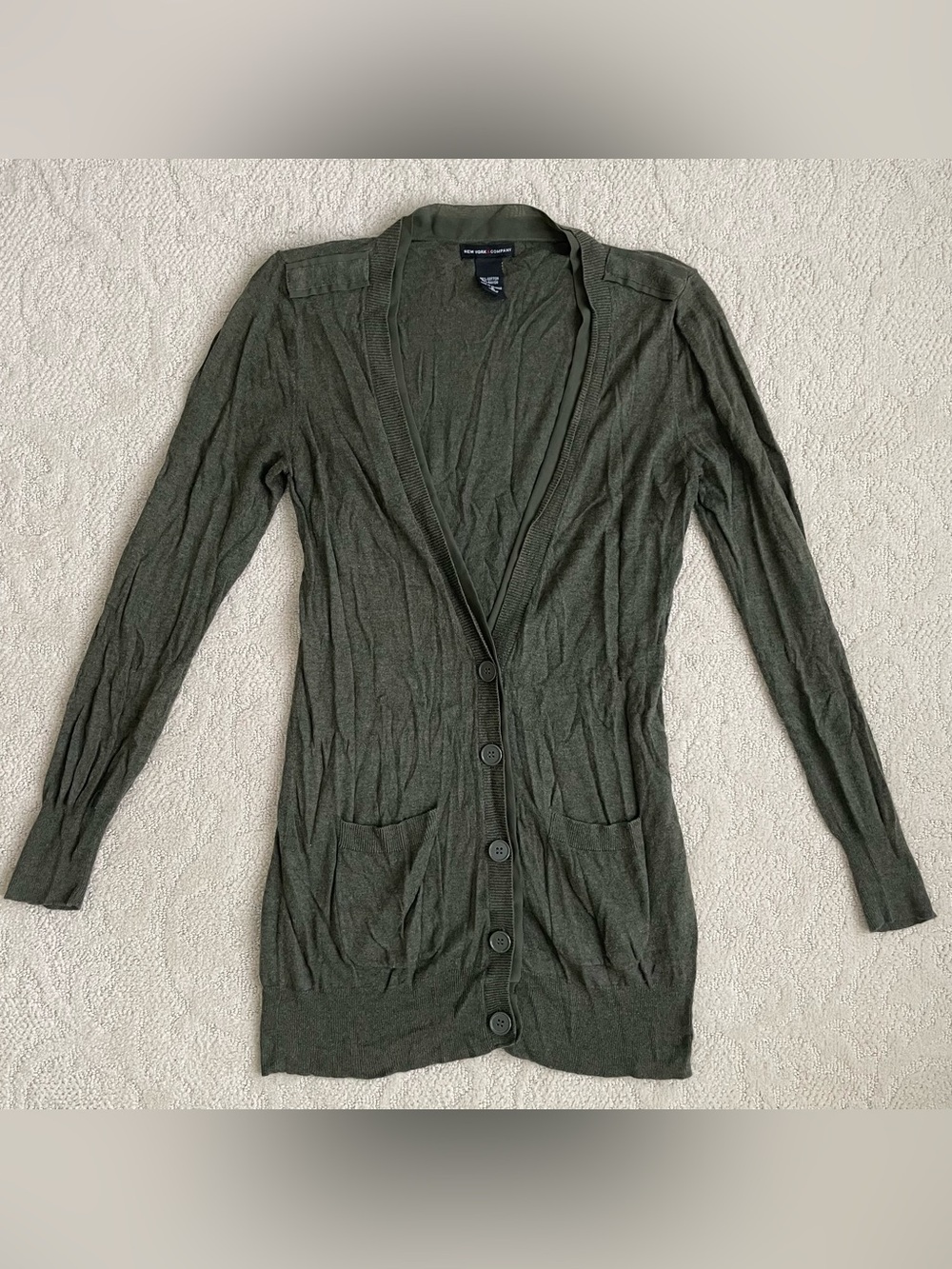 New York & Company Olive Green Longline Button Cardigan